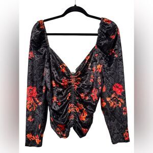 WAYF Velvet Floral Blouse Black Red Orange Long Sleeve Sweetheart‎ Neckline XL